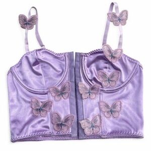 Lavender satin corset bralette with butterfly embroidery - Small